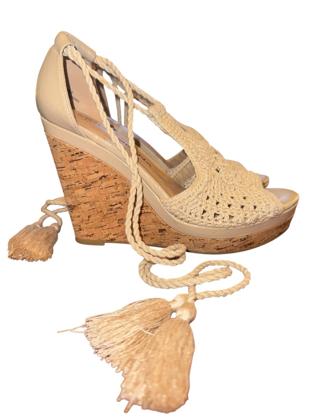 Moda Spana Lace Up Wrap Wedge Sandals Tan Cork Boho Tassel Heels Sz 6